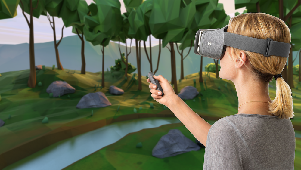 Promotional image of a woman wearing an Android Daydream virtual reality headset, looking out at a stylized cartoon forest, holding a controller.