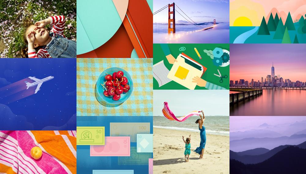 A colorful grid of lifestyle imagery representing the Material Design aesthetic. Images include children playing on the beach, stylized illustrations of airplanes and landscapes, and photographs of the Golden Gate Bridge and New York City skyline.