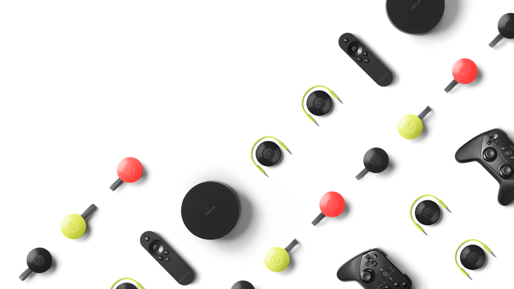 An image of Android and Chromecast streaming devices, remotes, and game controllers arranged in a grid.