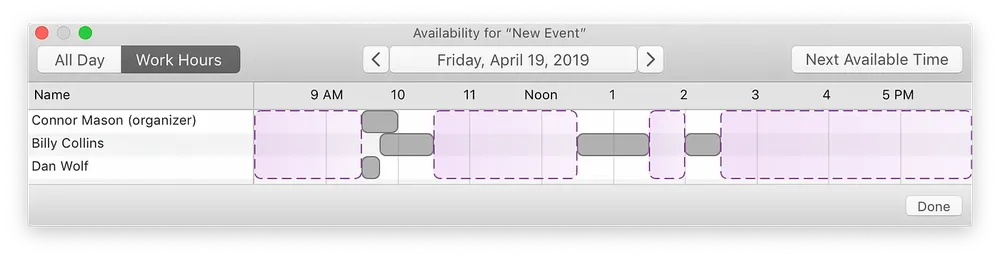 Screenshot of the Apple Calendar app pane for scheduling a meeting, visualizing attendees’ availability. Three names are visible, Connor Mason, Billy Collins, and Daniel Wolf.