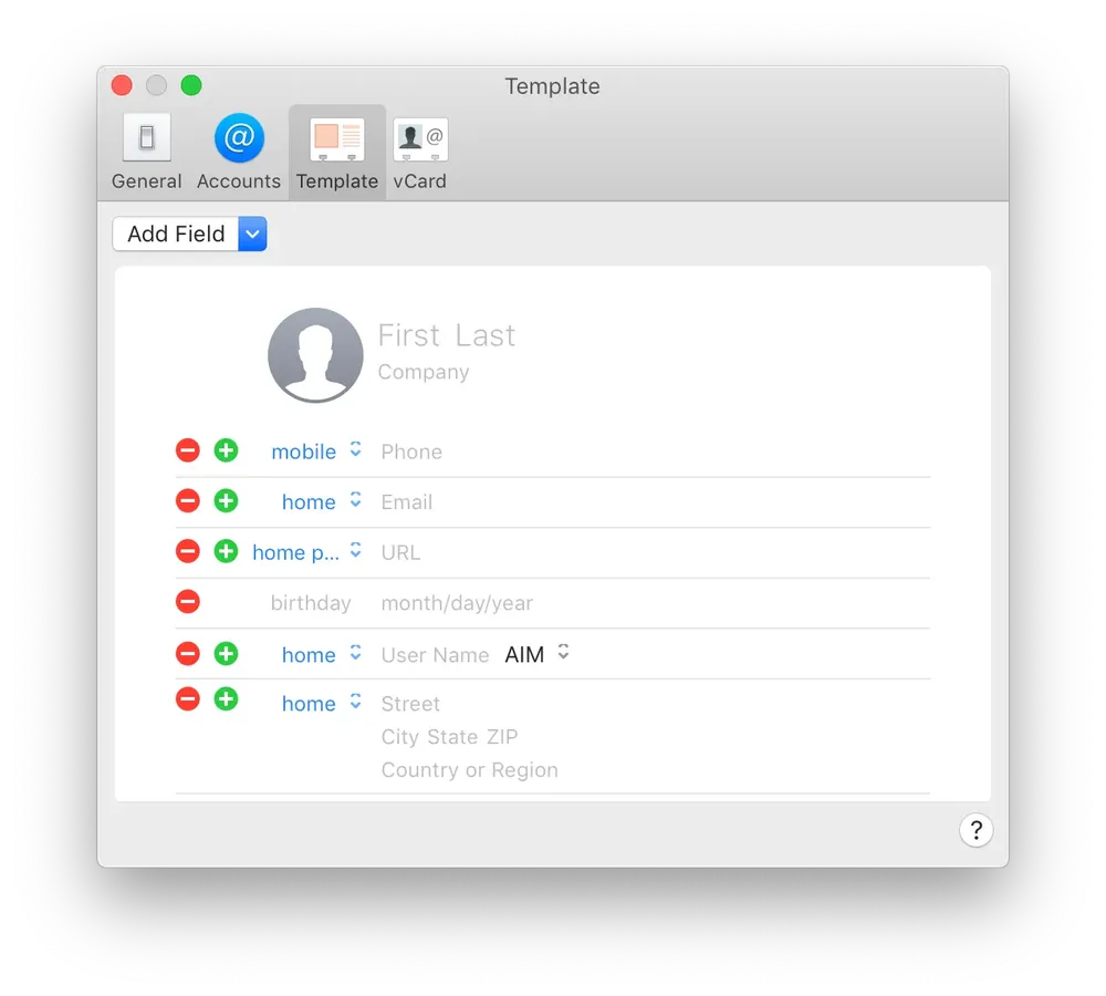 Screenshot of the Contacts app preferences window on macOS, showing advanced vCard template options.