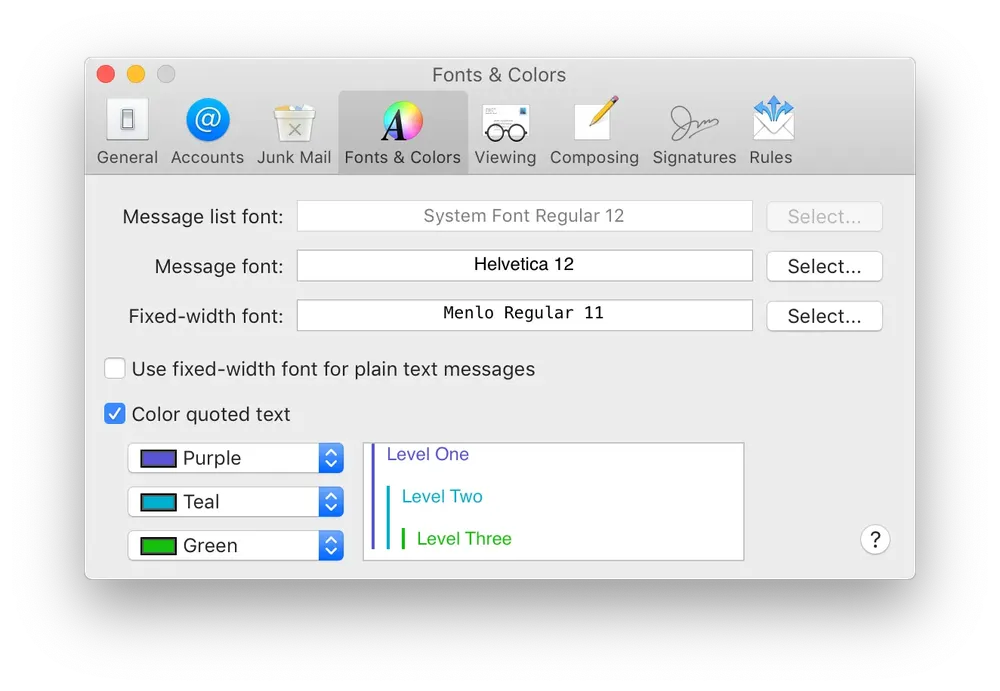 Screenshot of the Apple Mail preferences screen, showing different layout, fonts, and color options.