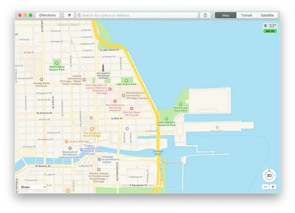 Screenshot of Apple Maps for Mac, zoomed into downtown Chicago. A small pane for weather conditions and air quality is shown at the top right.