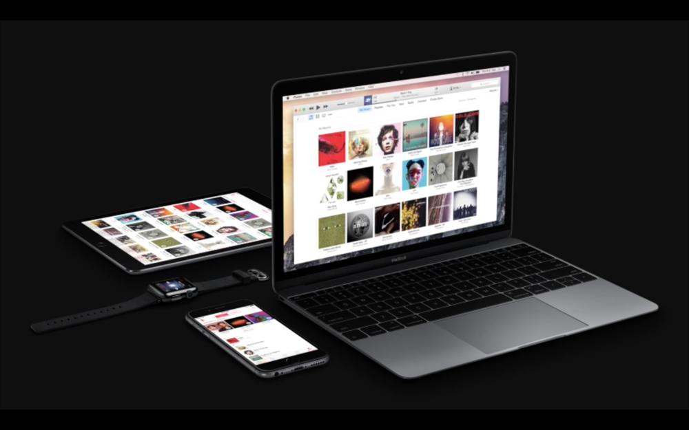 Image of Apple Music running on various devices, including a MacBook, iPad, Apple Watch, and iPhone.