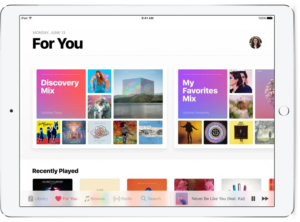 An image of Apple Music running on an iPad in iOS 10, showing large header text and larger touch targets than previous designs.