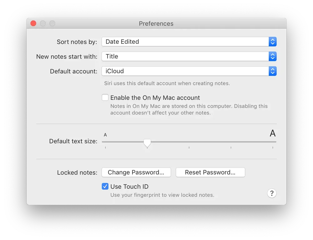 Screenshot of the Apple Notes preferences window, which has very limited options and differs in design from other stock Mac apps.