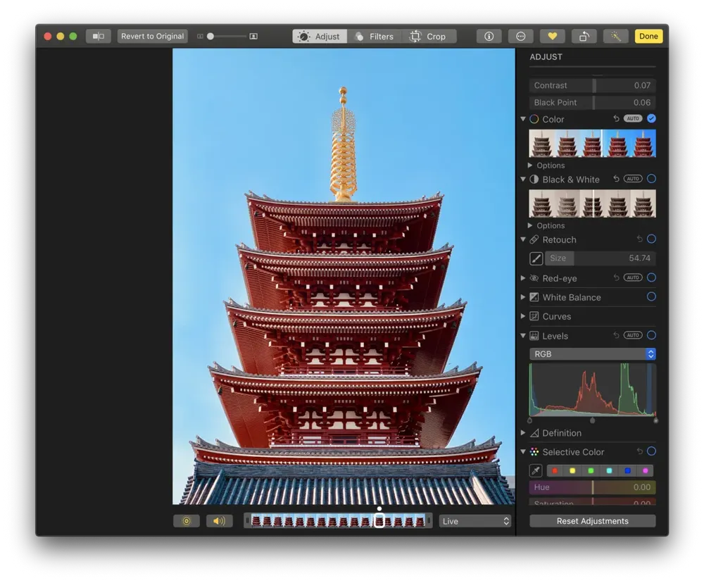 Screenshot of photo editing features in Apple Photos for Mac, editing a photo of a Japanese temple.