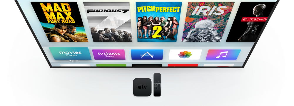Apple TV set-top box with large television showing the tvOS home screen, with a carousel of movie posters.
