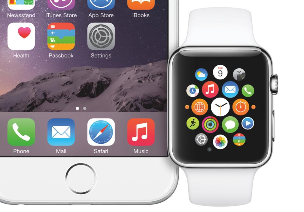 Image of Apple Watch next to iPhone, showing overlapping apps and capabilities.