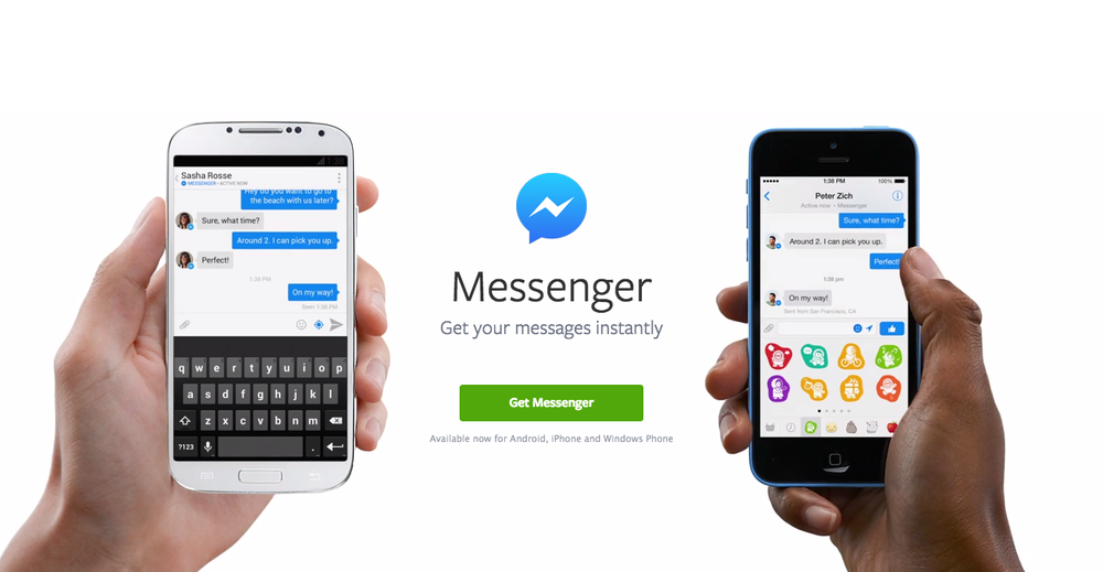Promotional image announcing Facebook Messenger, with hands holding phones running both Android and iOS apps.