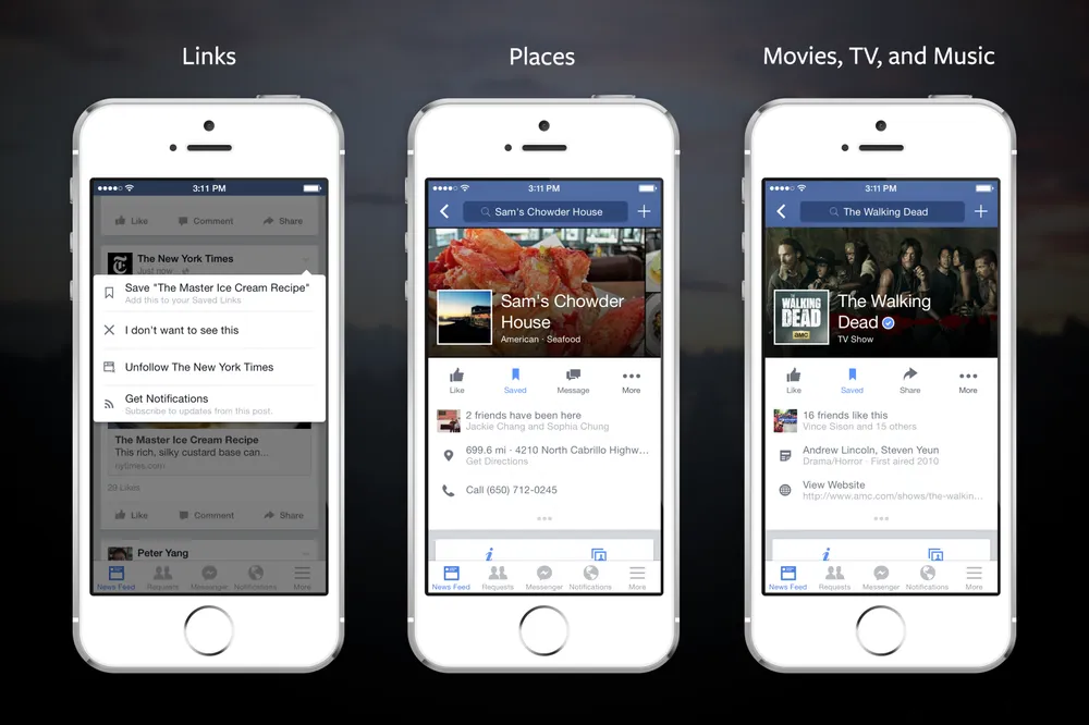 Three iPhones showing different ways to use the Facebook Save feature, including timeline posts, places, and TV or movies.