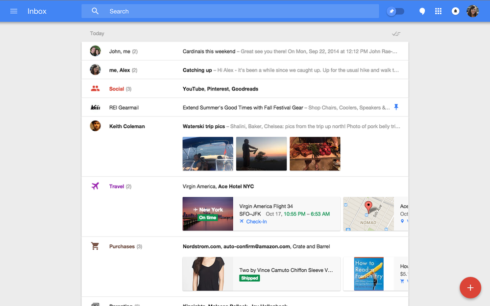 A screenshot of the Google Inbox application at a desktop breakpoint. Good night, sweet prince.