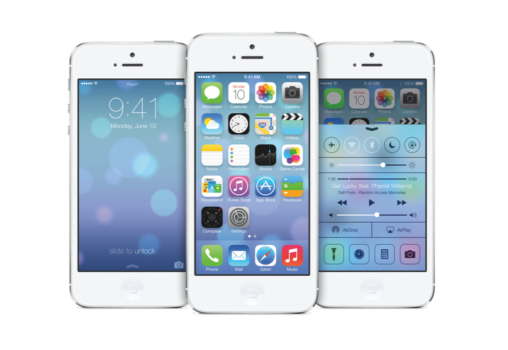 Three iPhones showing screenshots of iOS 7.
