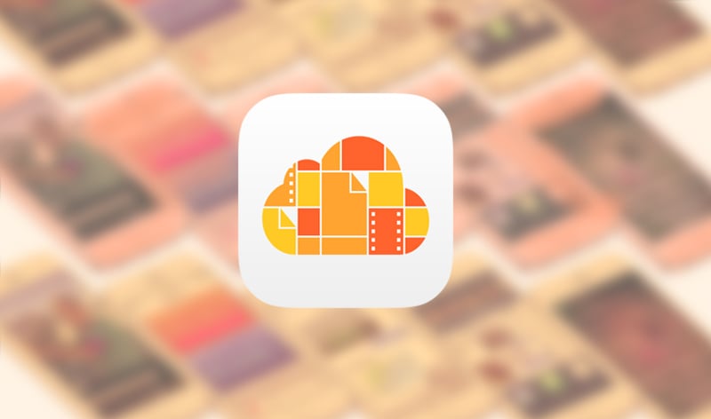 Illustration of the iCloud Drive logo flanked by out-of-focus iPhone screenshots, tiled at an isometric angle.
