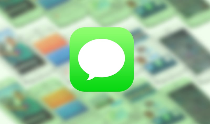 Illustration of the Messages app icon flanked by out-of-focus iPhone screenshots, tiled at an isometric angle.