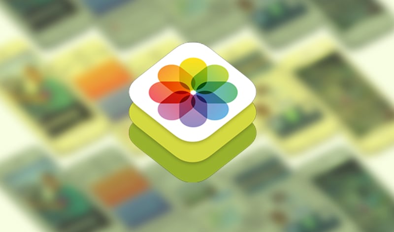 Illustration of the PhotoKit icon flanked by out-of-focus iPhone screenshots, tiled at an isometric angle.