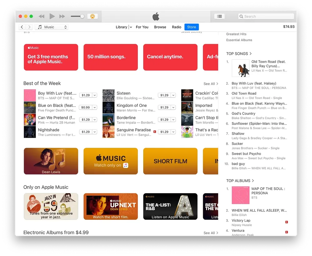 Screenshot of the iTunes app, showing an array of tiles promoting its replacement, Apple Music.