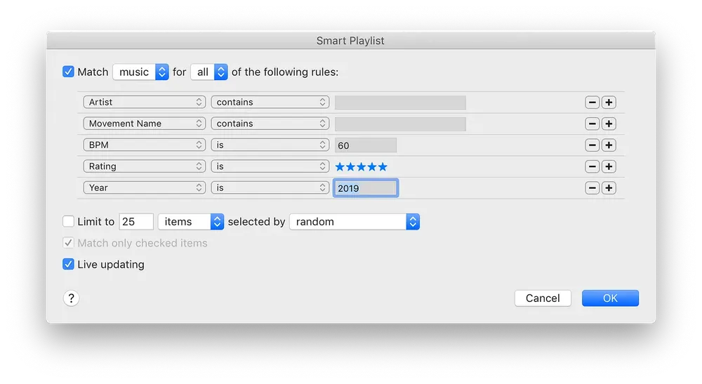 Screenshot of a smart playlist configuration screen, showing a range of advanced options and filters.