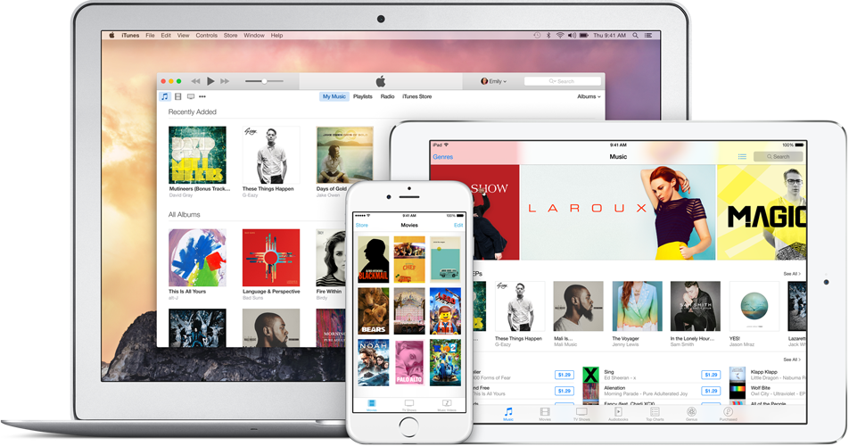 An image of the iTunes Store running on a MacBook Air, iPad, and iPhone.