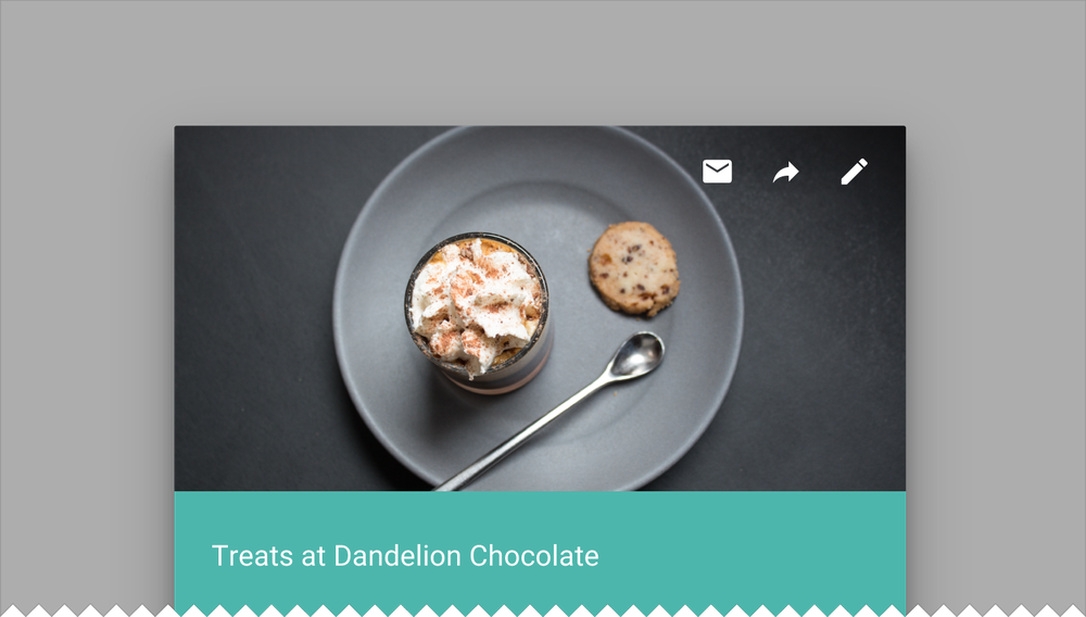 An illustration showing how images can be used in Material Design, showing a photograph of a dessert on a plate with labels and interactive elements overlapping it.
