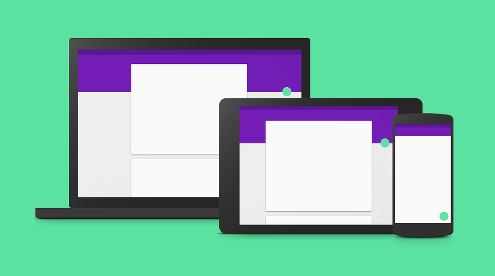 Illustration of Material Design components across a laptop, tablet, and phone form factor in neon green and purple colors.