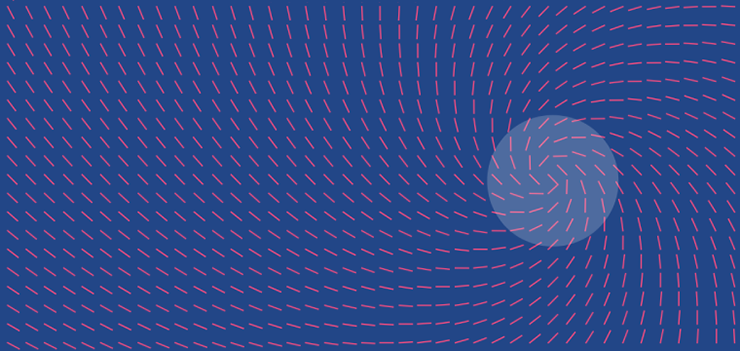 Abstract illustration of red lines against an indigo background, with lines angling like a magnetic field around an opaque circle as their center of gravity.