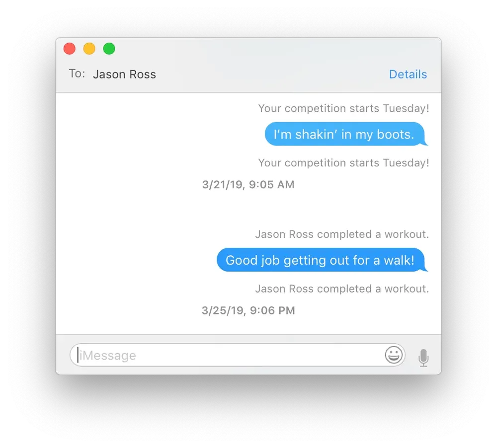 Screenshot of Messages for Mac, with blank spaces for content from the Activity app that it can’t handle.
