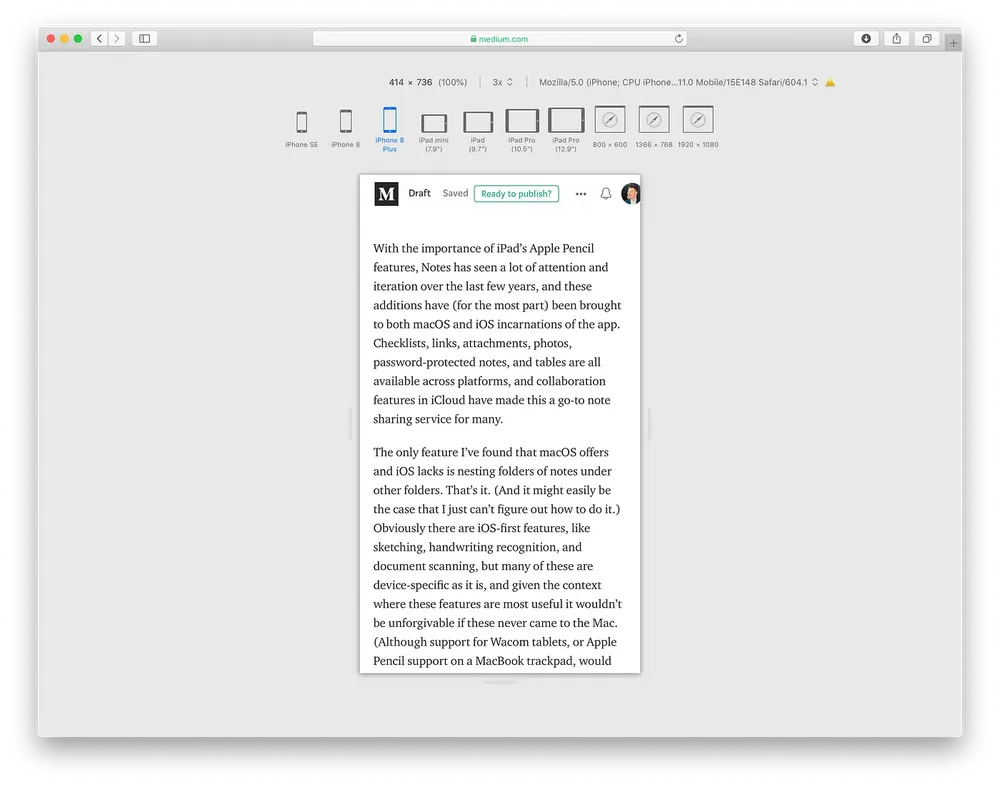 Screenshot of Responsive Design Mode in Safari for Mac, with an iPhone breakpoint view of this article in the center.