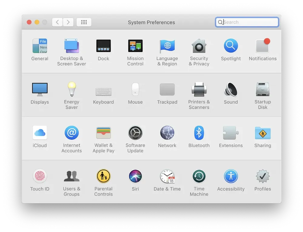 Screenshot of the System Preferences app as it was on older versions of macOS.