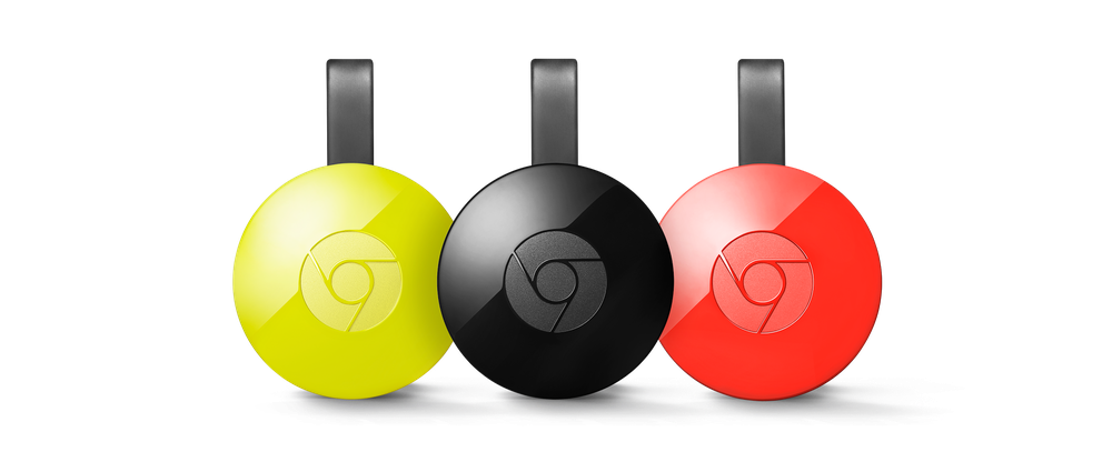 Image of Chromecast devices in three colors, yellow, black, and red.