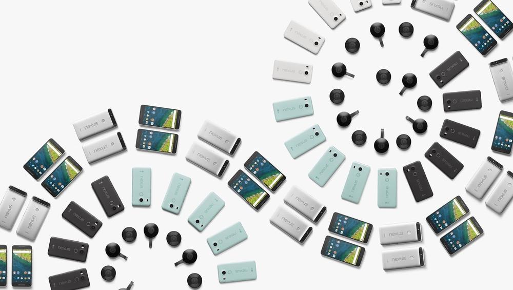 An image showing Android phones and Chromecast devices arranged in a spiral pattern.