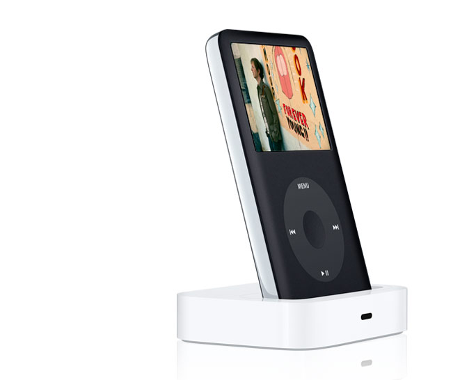 Product promotional image of a black iPod classic in a white iPod dock.