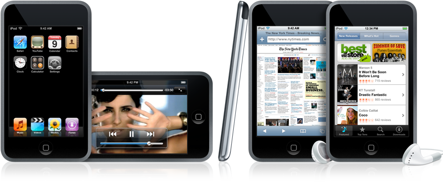 Product promotional image of several iPod touch devices, lined up to showcase various features like video playback, web browsing, and the iTunes Store.