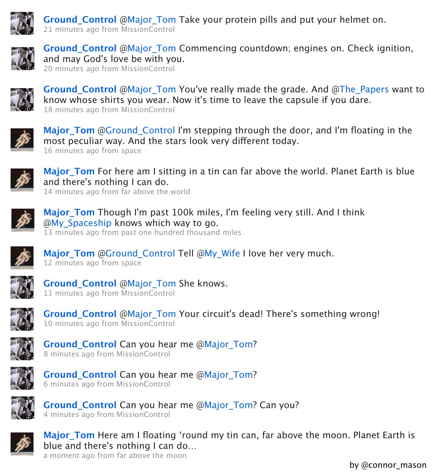 Screenshot of a Twitter exchange between Major Tom and Ground Control, recreating the lyrics of "Space Oddity" by David Bowie.